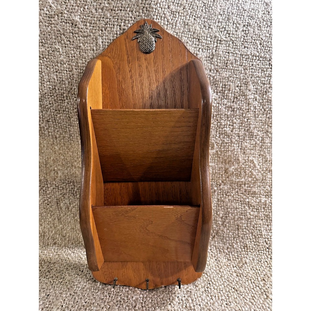 Vintage 2 Tier Wood Wall Organizer Letter Mail Bill Holder  Pineapple Emblem